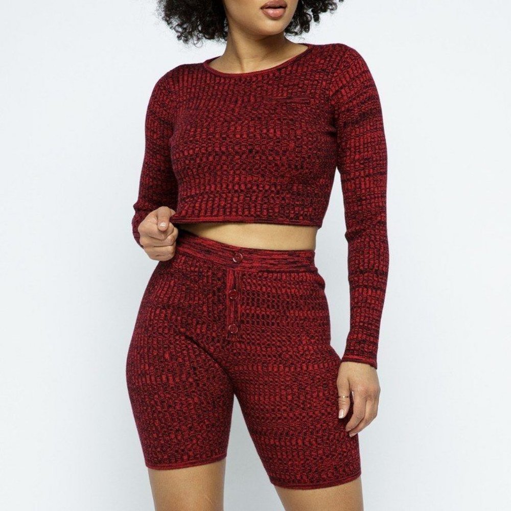 Woman’s Knit Long Sleeve Cropped Top Knit High-waist Red Biker Shorts Set NWT